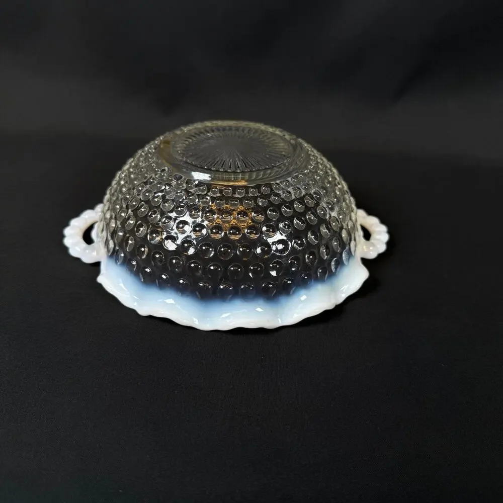 Vintage Anchor Hocking Hobnail Moonstone Opalescent Ruffled Glass Bowl w Handles